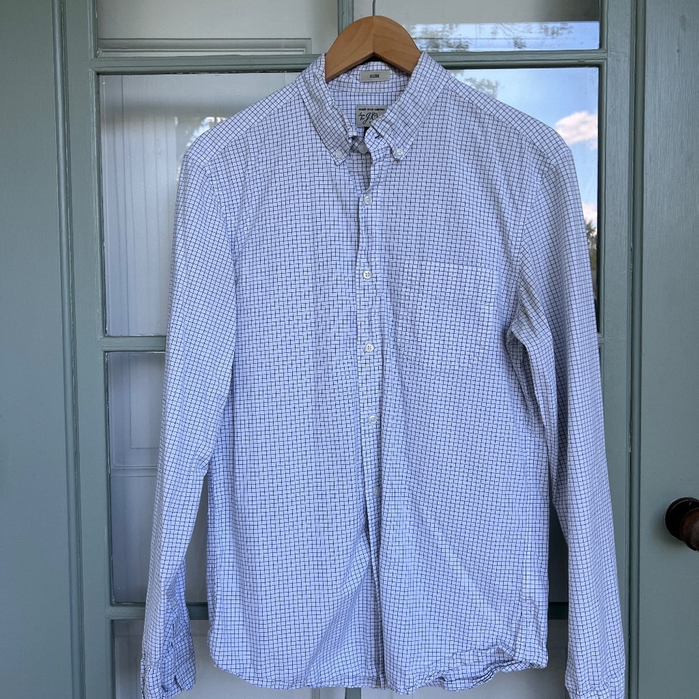 J Crew Windowpane Button Up Shirt - White and Navy - Slim Fit Medium